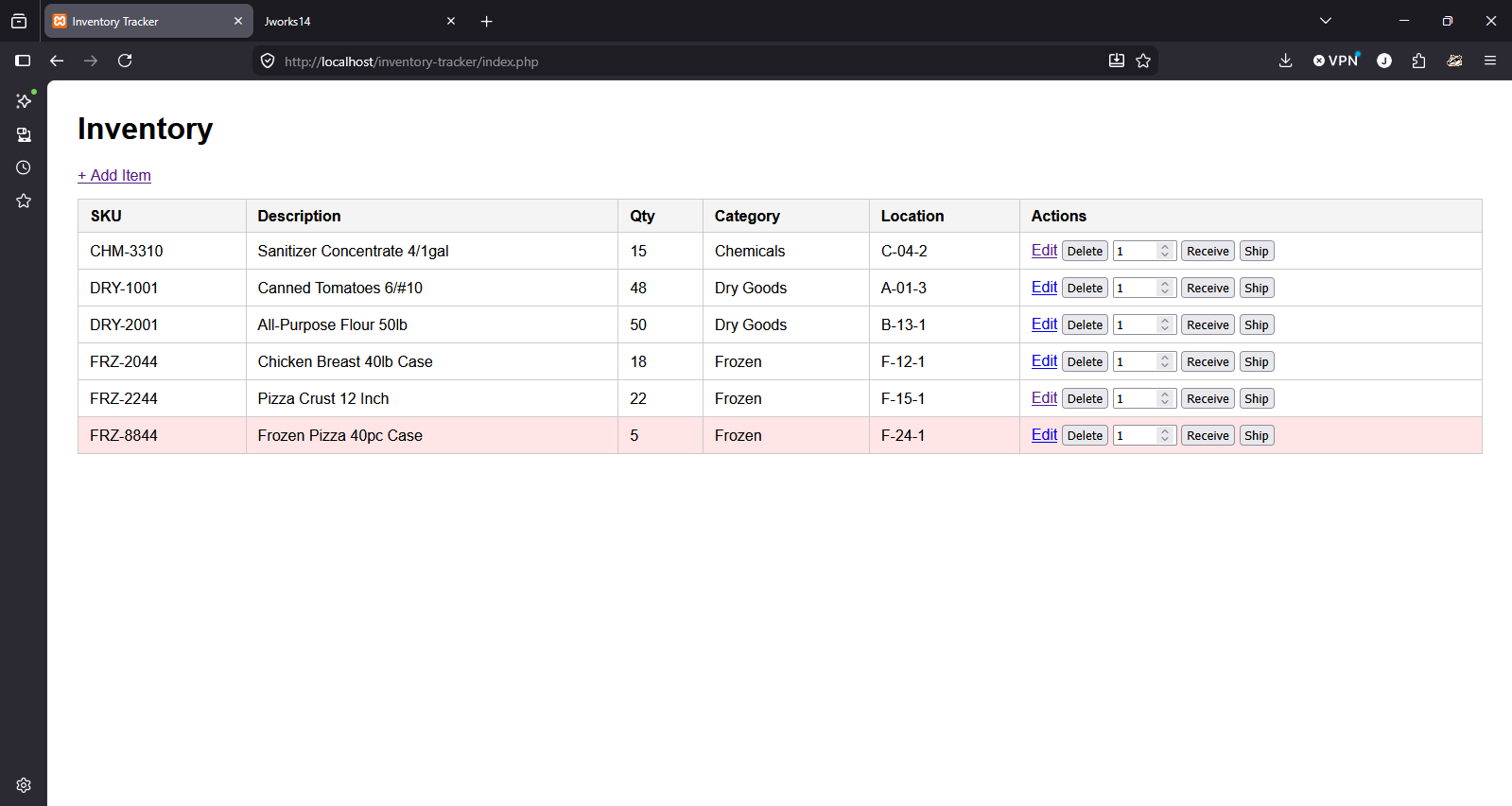 Inventory list with quantity stepper and Receive/Ship action buttons per row